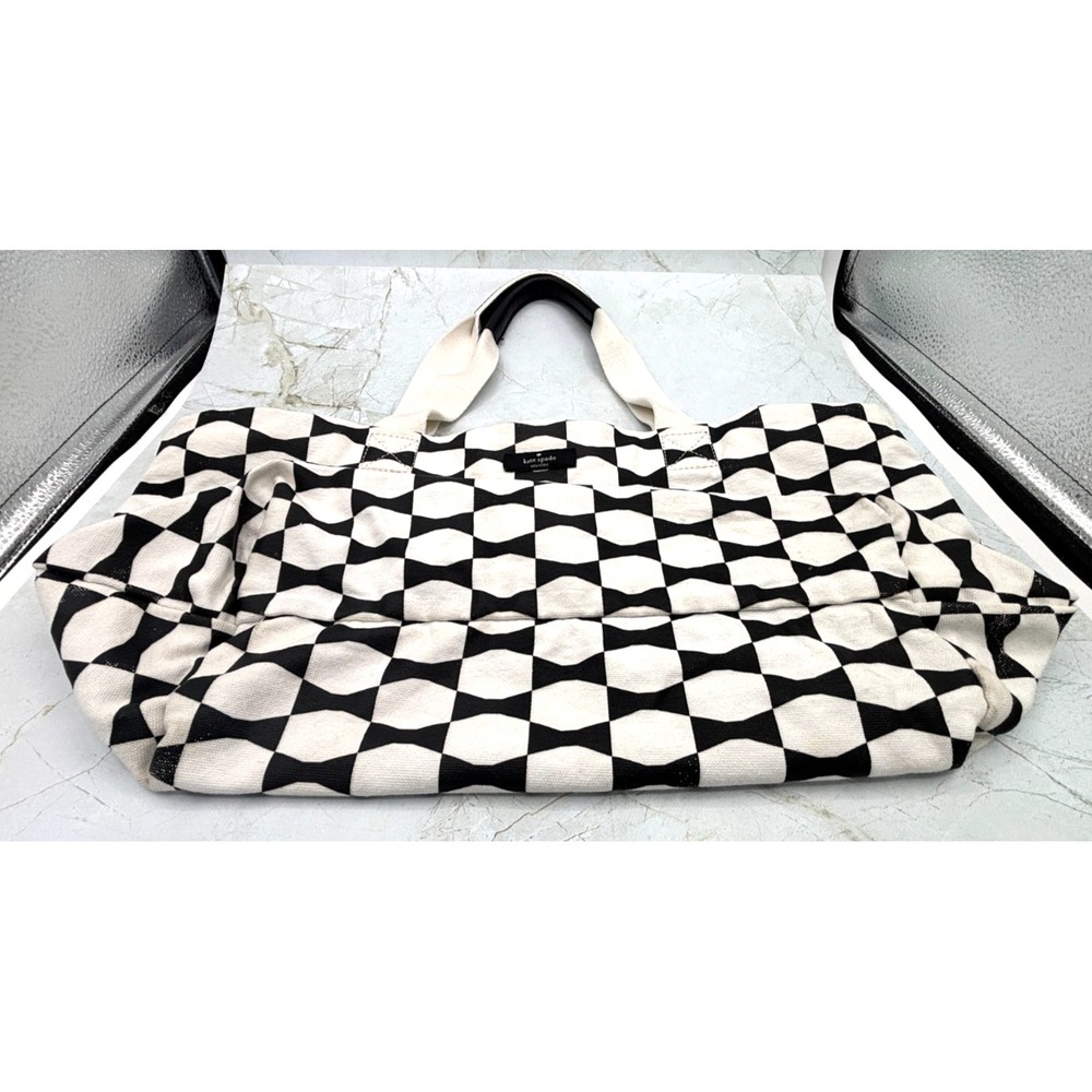 Kate Spade Canvas Cotton Tote Classic Bowtie Black White Leather Handle EUC - Picture 5 of 15
